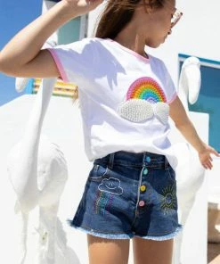 Lola + The Boys Girls Embroidered Rainbow Denim Shorts