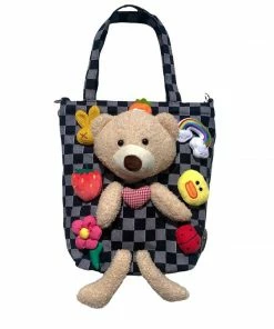Lola + The Boys Checkered Beary Cute Plushie Tote