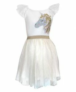 Lola + The Boys Girls Gold And White Unicorn Ruffle Sleeve Dress