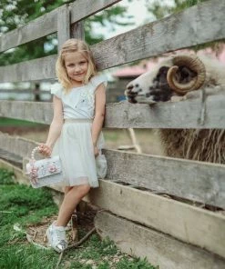 Lola + The Boys Girls Gold And White Unicorn Ruffle Sleeve Dress