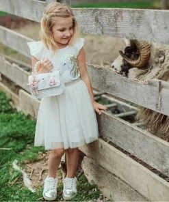 Lola + The Boys Girls Gold And White Unicorn Ruffle Sleeve Dress