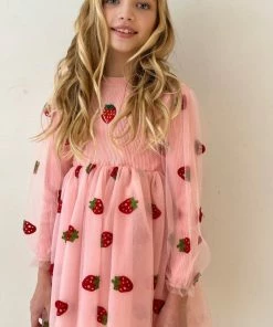 Lola & The Boys Strawberry Sheer Sleeve Dress New Arrivals