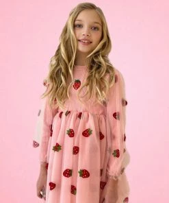 Lola & The Boys Strawberry Sheer Sleeve Dress New Arrivals