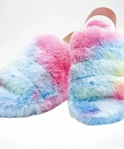 Lola + The Boys Girls Tie Dye Rainbow Fur Slides