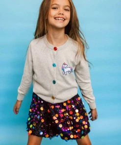 Lola + The Boys Girls Grey Rainbow Gem Unicorn Cardigan