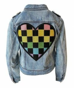 Lola + The Boys Crystal Checkered Heart Denim Jacket New Arrivals