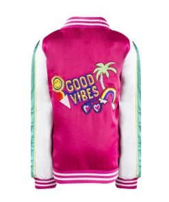 Lola & The Boys New Arrivals Girls Good Vibes Embroidered Satin Bomber