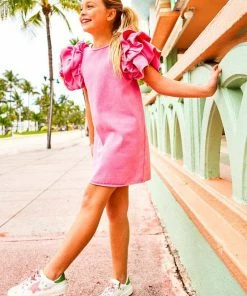 Lola + The Boys Pink Princess Ruffle Denim Dress New Arrivals