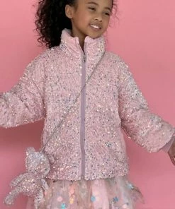 Lola + The Boys New Arrivals Pink Sequin Puffer Coat With Bunny Purse