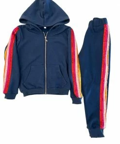 Lola + The Boys Girls Rainbow Sequin Navy Joggers Hoodie Set