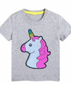 Lola + The Boys Girls Grey Rainbow Crystal Unicorn T-shirt