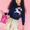 Lola + The Boys Girls Navy Unicorn Rainbow Sweater