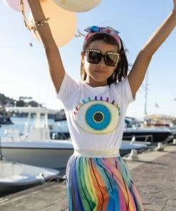 Lola + The Boys Girls White Rainbow Evil Eye Tee
