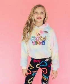 Lola + The Boys Tie Dye Good Vibes Fuzzy Hoodie Girls